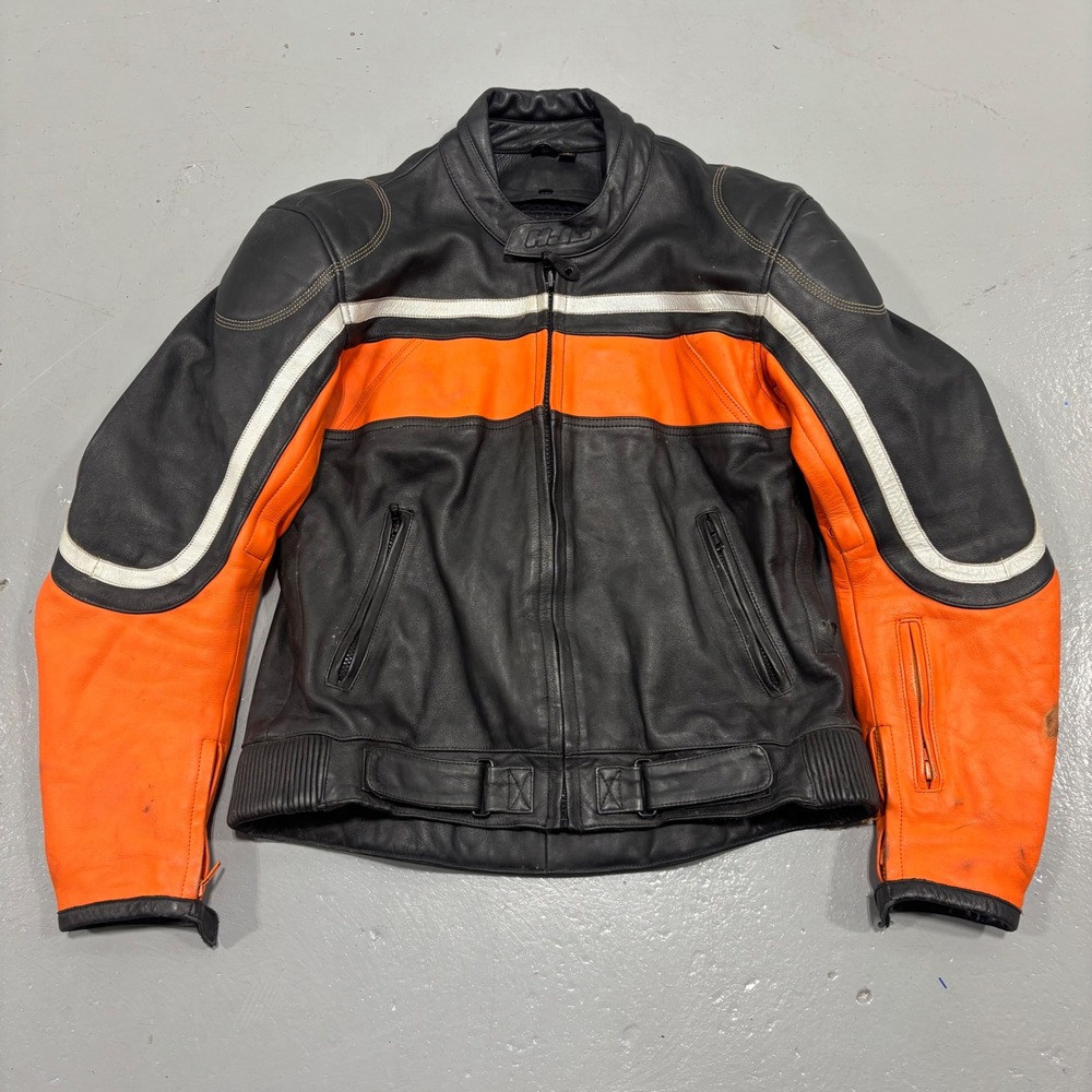 HJC Cirotech Riding Gear Leather Motorcycle Jacket Black Orange Racing Mens 46